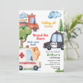 Emergency Vehicles Any Age Birthday Einladung (Stehend Vorderseite)