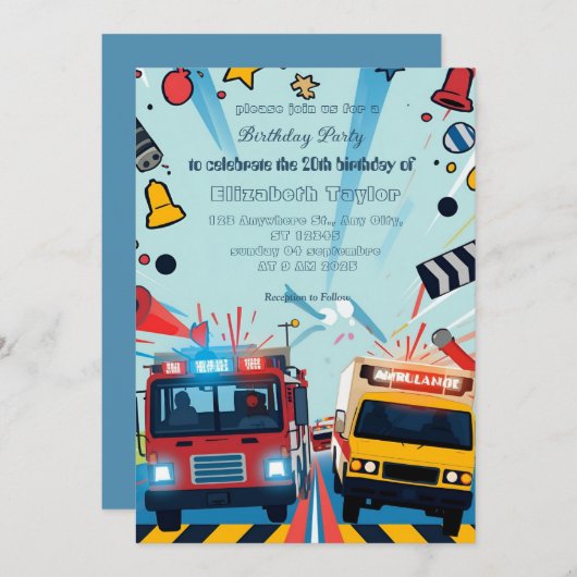 Emergency Vehicles party  invitation    Einladung (Vorne/Hinten)
