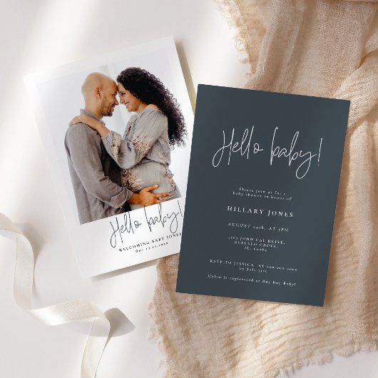 EMERY | Elegant Baby Shower Hello Slate Blue Einladung