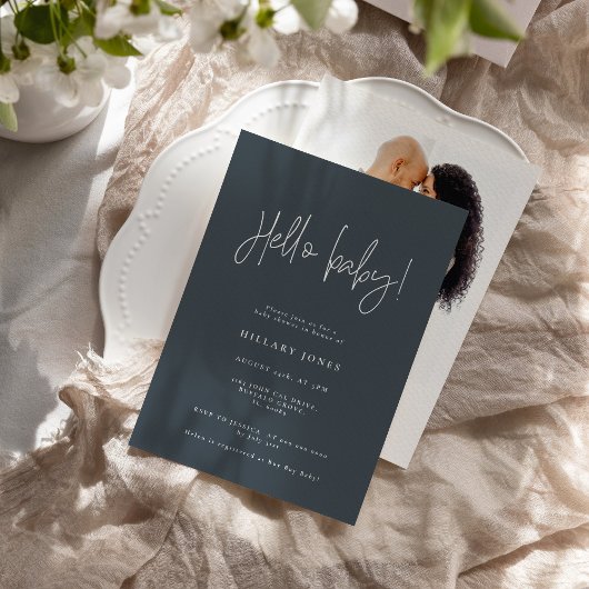 EMERY | Elegant Baby Shower Hello Slate Blue Einladung