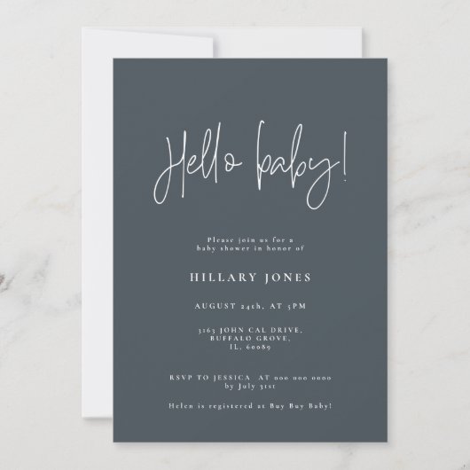 EMERY | Elegant Baby Shower Hello Slate Blue Einladung (Vorderseite)