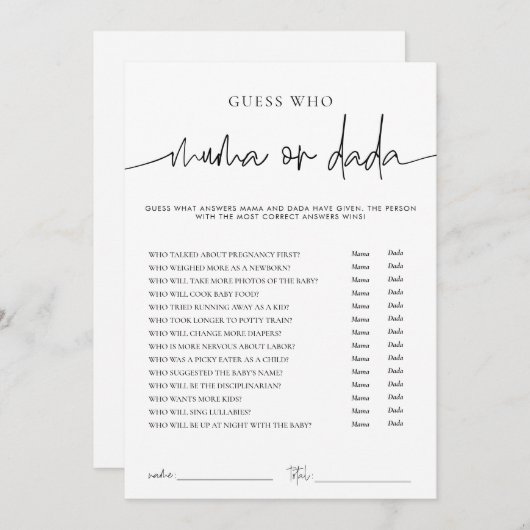 EMERY Whimsi Mama oder Dada Baby Shooting Game Car Einladung (Vorne/Hinten)