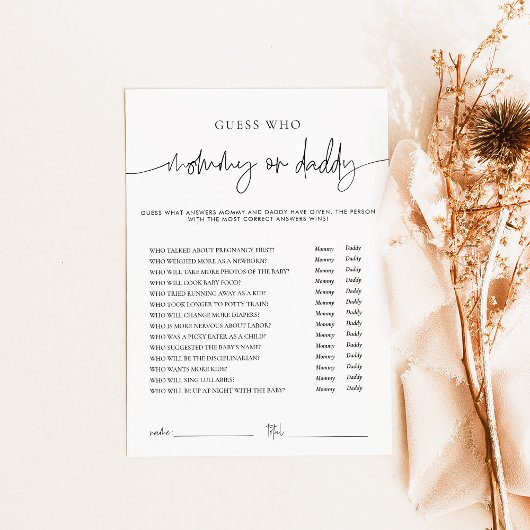 EMERY Whimsi Mommy oder Daddy Baby Shower Game Car Hinweiskarte