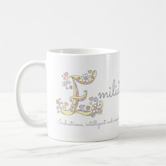 Emilia-Buchstabe E-Name bedeutet Monogramm-Tasse Kaffeetasse (Links)