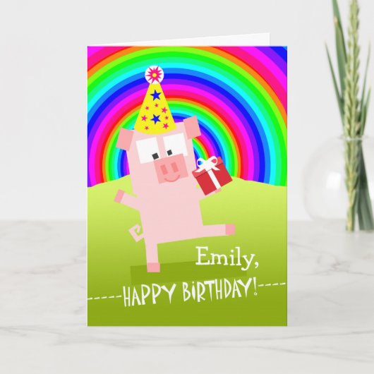 Emily Happy Birthday mit Dancing Pig Karte (Vorderseite)