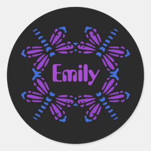 Emily, Libellen in Blauem u. in Lila auf Schwarzem Runder Aufkleber