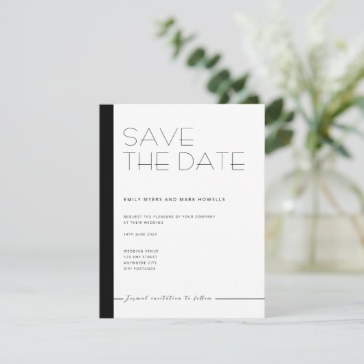 EMILY Modernes Minimalistisches Monochrom Save the Save The Date (Stehend Vorderseite)