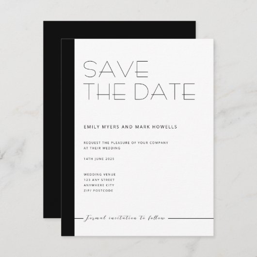 EMILY Modernes Minimalistisches Monochrom Save the Save The Date (Vorne/Hinten)