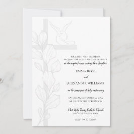 Emma Elegant Cross & Doves Katholische Hochzeit Einladung