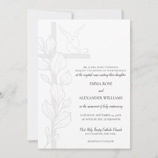 Emma Elegant Cross & Doves Katholische Hochzeit Einladung (Vorderseite)