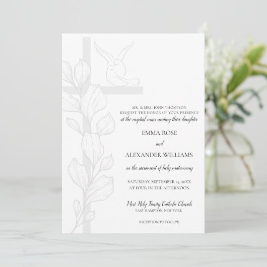 Emma Elegant Cross & Doves Katholische Hochzeit Einladung (Stehend Vorderseite)