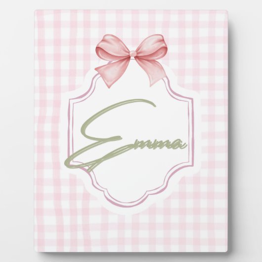 Emma Personalisiert Pink Bow & Gingham Print Fotoplatte (Vorderseite)