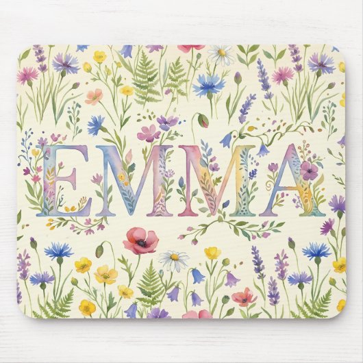 Emma Personalisierte Name Wasserfarbe Wildblumen M Mousepad (Vorne)