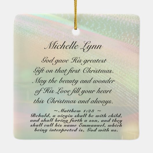 Emmanuel God With Uns Matthew 1:23 Weihnachtsbibel Keramikornament (Rückseite)