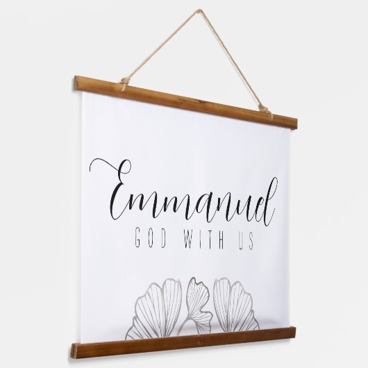 Emmanuel God with us Botanical Blätter Wood Scroll Wandteppich Mit Holzrahmen (Gewinkelt)