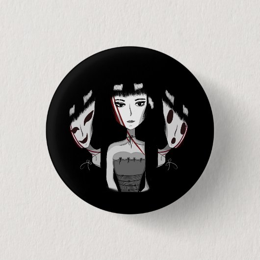 Emo Girl Hand-Drawn Black Button (Vorderseite)