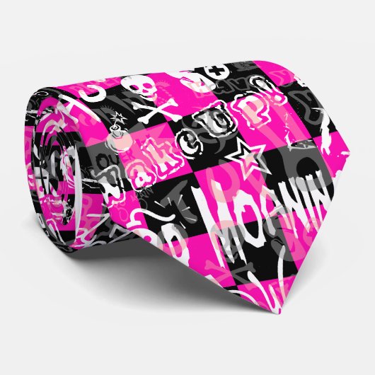 Emo Scene Pink Karo Graffiti Krawatte (Gerollt)