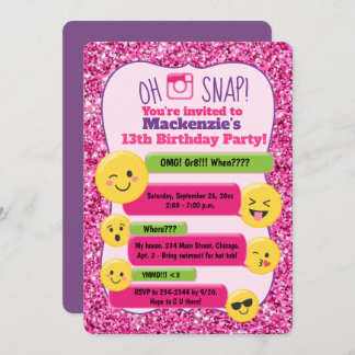 Emoji Girl's Teen Tween Birthday Pink Glitzer Einladung
