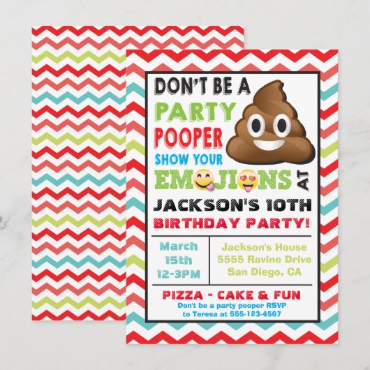 Emoji Party Pooper Birthay Einladung (Vorne/Hinten)