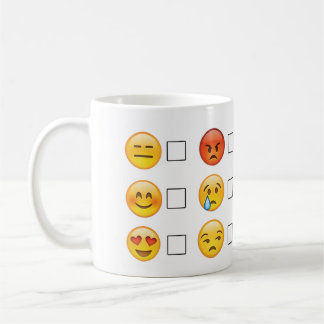 Emoji stellt Gefühle gegenüber Kaffeetasse