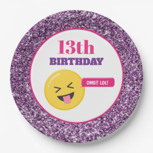 Emoji-Teen-Geburtstag-lila-glitzer-Papier-Teller Pappteller