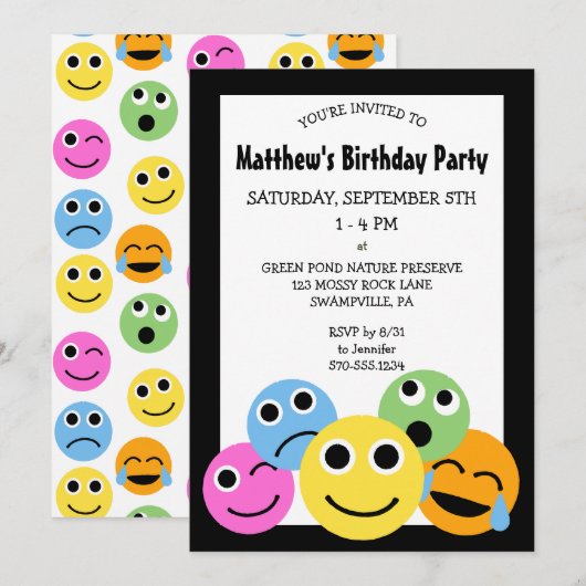 Emojis Emoticons Geburtstagsparty Einladung (Vorne/Hinten)