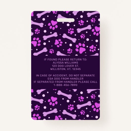 Emotionale Unterstützung Foto für Tier-ID-Dienst Ausweis (Rückseite)