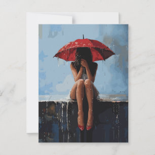 Emotionales weibliches Porträt mit rotem Regenschi Postkarte