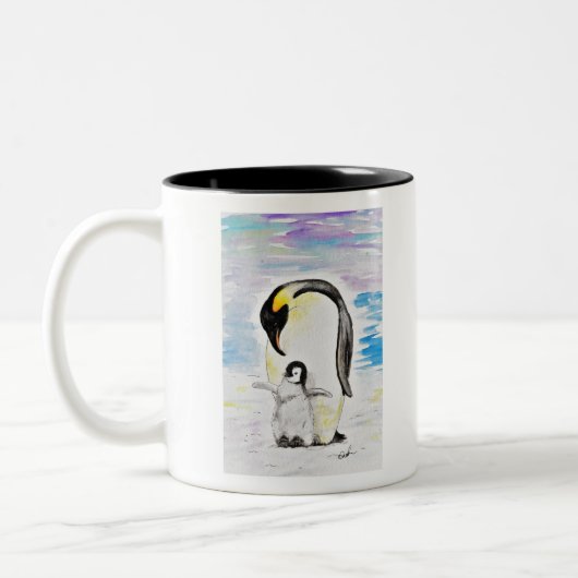 Emperor Pinguin und Chick Watercolor Malerei Zweifarbige Tasse (Links)