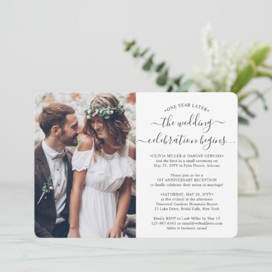 Empfang 2 Foto Hochzeit zum 1 Jahr Einladung (Stehend Vorderseite)