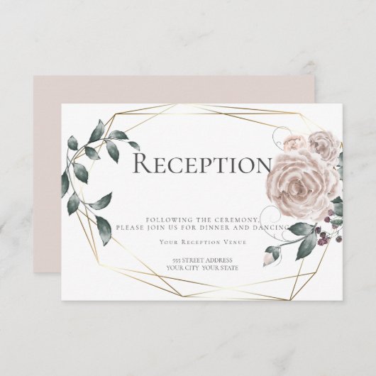 Empfang | Aquarellfarbene Rose Floral Gold Begleitkarte (Vorne/Hinten)