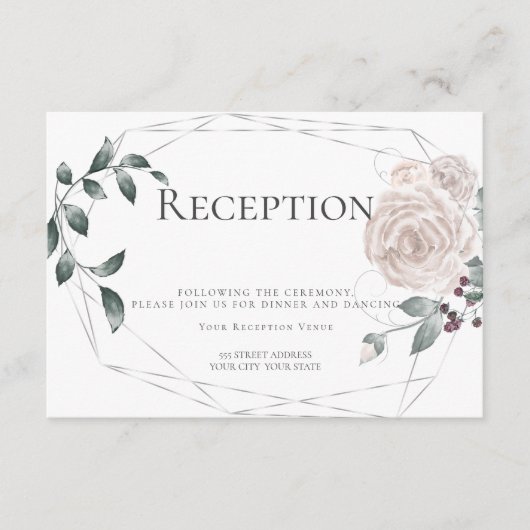 Empfang | Aquarellfarbener Rose Blumensilber Begleitkarte (Vorderseite)