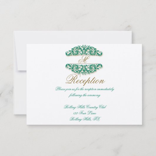 Empfang aus Gold und Aquamarinem Vintagem Blütenbl Einladung (Vorderseite)