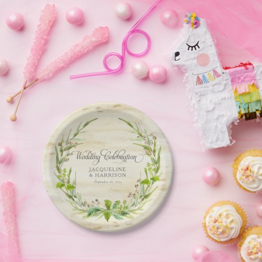 Empfang BOHO Wreath Leaf Birch Wood Rustikaler Fal Pappteller (Party)