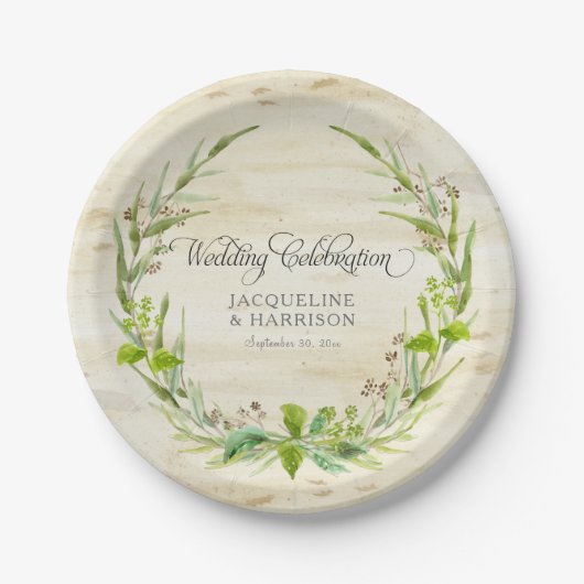 Empfang BOHO Wreath Leaf Birch Wood Rustikaler Fal Pappteller (Vorderseite)