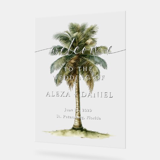 Empfang der Royal Palm Tree Tropical Wedding Acrylschild (Winkel)