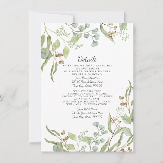 Empfang Details Rustikaler Eukalyptus Foliage Blau Einladung (Vorderseite)