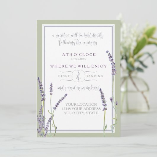 Empfang Französischer Lavendel Floral Moderne Typo Einladung (Stehend Vorderseite)