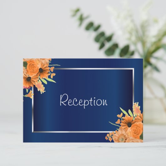 Empfang - Hübsche orangefarbene Blume über Navy Bl Einladung (Stehend Vorderseite)