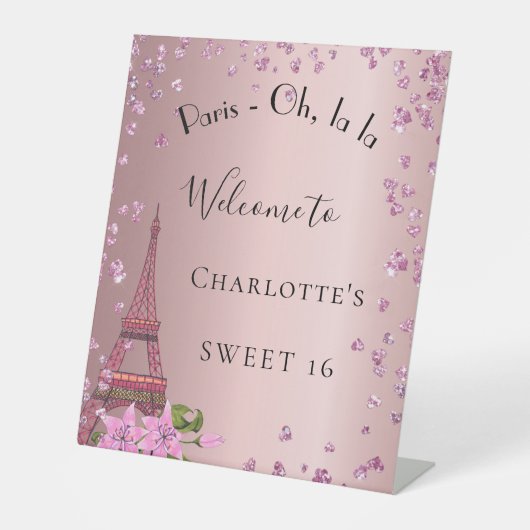 Empfang im Sweet 16 Paris Rosa Eiffelturm Sockelschild (Vorderseite)