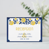 Empfang - Marine-Blau und gelbe Blumenhochzeit Einladung (Stehend Vorderseite)