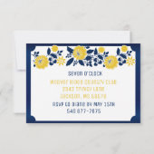 Empfang - Marine-Blau und gelbe Blumenhochzeit Einladung (Rückseite)