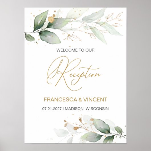 Empfang mit grünem und goldgelbem Blattwerk Begrüß Poster (Vorne)