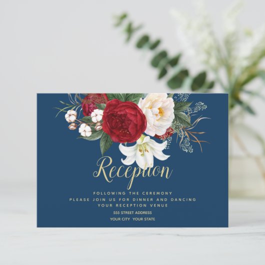 Empfang | Navy Blue mit Crimson Red Peongs Einladung (Stehend Vorderseite)