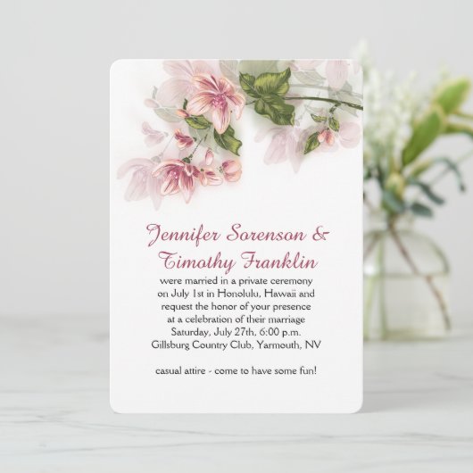 Empfang nur Aquarellfarbe Rosa Blume blühen Einladung (Stehend Vorderseite)