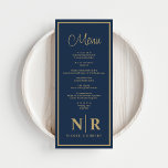 Empfang oder Abendessen für die Verlobung Menükarte<br><div class="desc">Genießen Sie Ihren Empfang oder Ihre Verlobung mit unserem Navy Blue and Gold Wedding Monogram Empfang oder Verlobung Dinner Menus, einer raffinierten Touch zu Ihrem Tisch, die Eleganz und Raffinesse ausstrahlt. Die mit viel Liebe zum Detail gestalteten Menüs sind eine Mischung aus klassischem Marineblau und opulentem Gold und sorgen für...</div>