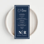 Empfang oder Abendessen für die Verlobung Menükarte<br><div class="desc">Entspannen Sie Ihre besondere Anlässe mit unseren Navy Blue und White Wedding Monogram Empfang oder Verlobung Dinner Menus, eine perfekte Mischung aus Eleganz und Personalisierung. Die Speisekarten sind mit einer raffinierten marineblauen Kulisse und knalligen Akzenten gestaltet und verleihen Ihrer Hochzeit, dem Abendessen bei der Probe oder der Verlobung eine Touch...</div>