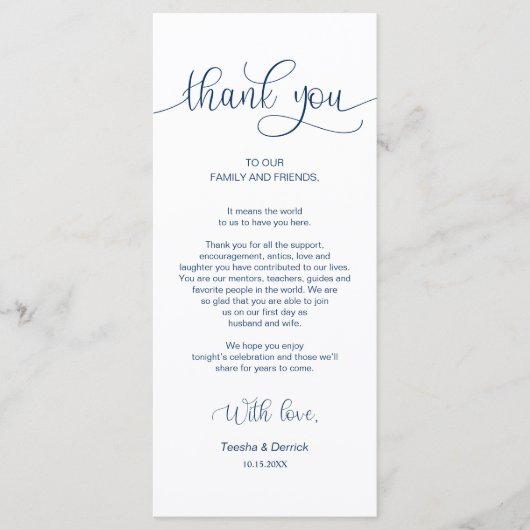 Empfang Place Setting Vielen Dank, Navy Blue Cards Programm (Vorderseite)