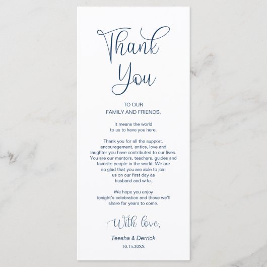 Empfang Place Setting Vielen Dank, Navy Blue Cards Programm (Vorderseite)