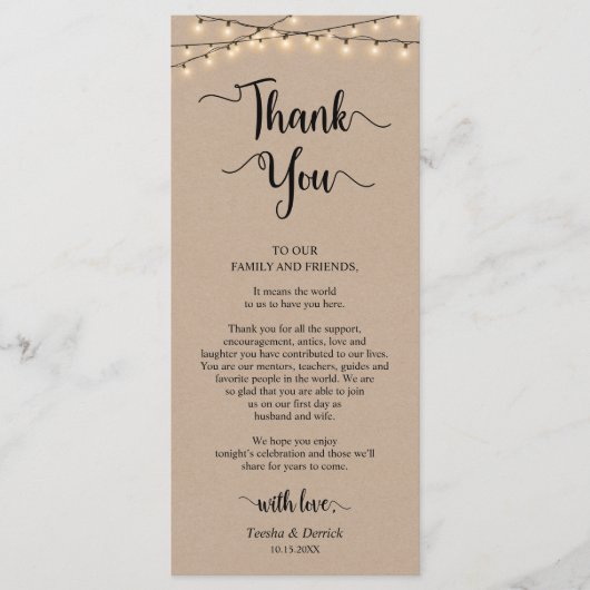 Empfang Platzierung Danke, Kraft Cards Programm (Vorderseite)